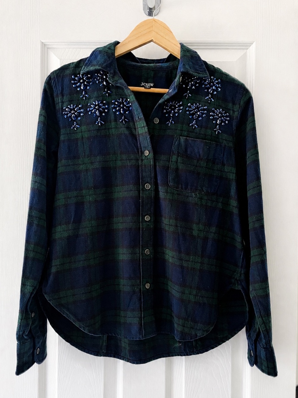 J.Crew Black Watch Plaid Jeweled Flannel Shirt Size 8